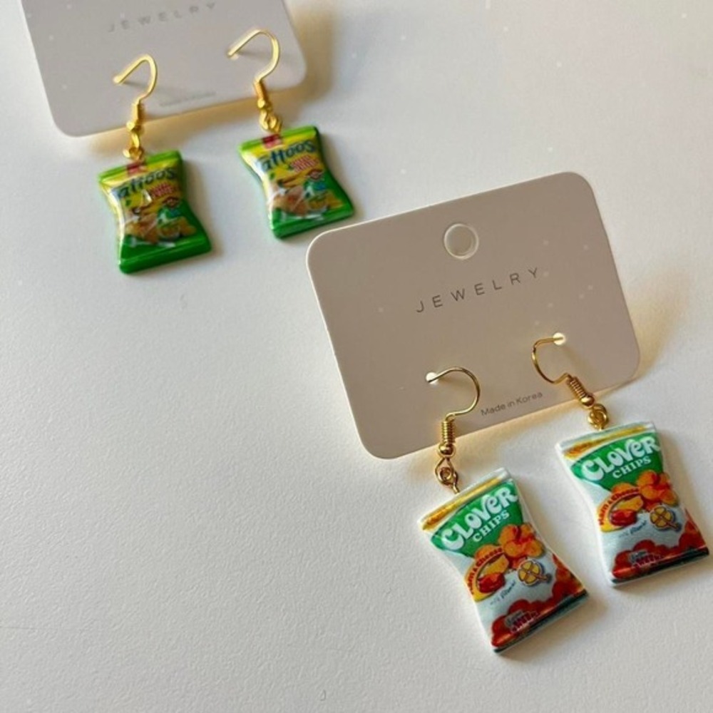 Two Pairs of Fun Snack-Themed Earrings - Clover Chips & Tattos Corn Chips Dangle